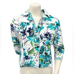 Drapers & Damons Petite Floral Button Front Blouse PS Blue Green 3/4 Sleeve